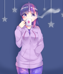 Size: 1296x1508 | Tagged: safe, artist:titou-epsilon, derpibooru import, twilight sparkle, human, clothes, coffee mug, hoodie, horned humanization, humanized, solo