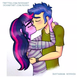 Size: 2990x2990 | Tagged: safe, artist:ro994, flash sentry, sci-twi, twilight sparkle, equestria girls, equestria girls series, blushing, clothes, female, flashlight, glasses, kissing, male, sciflash, shipping, shirt, simple background, straight, striped shirt, white background, wristband