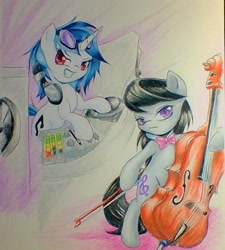 Size: 647x720 | Tagged: safe, artist:elusiveautumn, dj pon-3, octavia melody, vinyl scratch, earth pony, pony, cello, headphones, musical instrument, traditional art