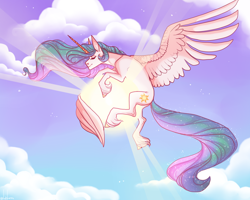 Size: 1280x1024 | Tagged: safe, artist:lady-lorienn, artist:snowberry, princess celestia, alicorn, pony, cloud, embrace, eyes closed, misleading thumbnail, sky, smiling, solo, sparkles, spread wings, sun, tangible heavenly object, unshorn fetlocks, wings