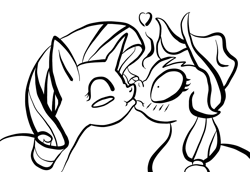 Size: 1751x1202 | Tagged: safe, artist:justanotherponyartblog, applejack, rarity, earth pony, pony, unicorn, female, heart, just another pony art blog, kissing, lesbian, lineart, mare, monochrome, practice drawing, rarijack, romantic, shipping, surprise kiss, surprised, sweet