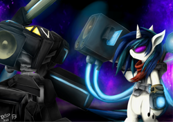 Size: 1280x905 | Tagged: safe, artist:firenze, dj pon-3, vinyl scratch, pony, unicorn, bass cannon, mech, pipboy, pipbuck