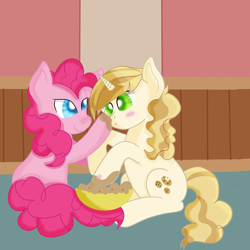 Size: 4000x4000 | Tagged: safe, artist:rainbowtashie, pinkie pie, sweet biscuit, earth pony, pony, unicorn, adorabiscuit, baking, best friends, boop, cake mix, cookie dough, cookie pie, cute, female, lesbian, mare, meme, messy, otp, pink biscuit, shipping, simple background, solo, sugarcube corner, sweetbiscuit