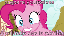 Size: 1920x1080 | Tagged: safe, edit, edited screencap, screencap, pinkie pie, earth pony, pony, fame and misfortune, april fools, caption, faic, image macro, meme, out of context, pinkie fuel, solo