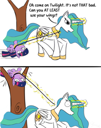 Size: 793x1008 | Tagged: safe, artist:chopsticks, princess celestia, twilight sparkle, twilight sparkle (alicorn), alicorn, pony, comic, female, flying, leash, levitation, magic, mare, simple background, telekinesis, tree, twiggie, unamused