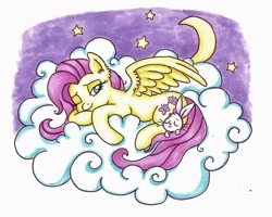 Size: 1024x819 | Tagged: safe, artist:crystal4heart, angel bunny, fluttershy, pegasus, pony, cloud, crescent moon, duo, female, lidded eyes, mare, moon, night, on a cloud, one eye closed, one wing out, prone, sleeping, sleepy, traditional art