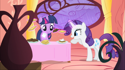 Size: 1920x1080 | Tagged: safe, derpibooru import, screencap, rarity, twilight sparkle, pony, unicorn, look before you sleep, food, glowing horn, magic, rarity looking at food, s'mores, telekinesis