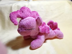 Size: 1024x768 | Tagged: safe, artist:king-franchesco, pinkie pie, earth pony, pony, cute, eyes closed, irl, photo, plushie, prone, solo, sploot, watermark