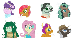 Size: 2063x1100 | Tagged: safe, artist:swasfews, babs seed, burnt oak, cracked wheat, fluttershy, minty mocha, smolder, suri polomare, wallflower blush, dragon, earth pony, human, pony, bust, dragoness, female, filly, mare, simple background, transparent background