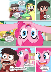 Size: 800x1131 | Tagged: safe, artist:imbriaart, pinkie pie, earth pony, human, pony, comic:magic princess war, clothes, comic, crossover, marco diaz, ponyville, star butterfly, star vs the forces of evil