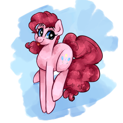 Size: 1024x1024 | Tagged: safe, artist:chloeprice228, pinkie pie, earth pony, pony, :p, abstract background, airborne, cute, jumping, looking at you, simple background, smiling, solo, starry eyes, tongue out, transparent background, wingding eyes