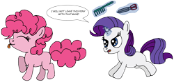 Size: 3048x1447 | Tagged: safe, artist:sparklesk, pinkie pie, rarity, earth pony, pony, unicorn, comb, female, filly, filly pinkie pie, filly rarity, glowing horn, magic, raised hoof, scissors, simple background, speech, telekinesis, tongue out, transparent background, younger