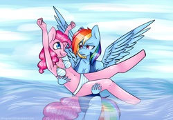 Size: 1024x711 | Tagged: safe, artist:chloeprice228, pinkie pie, rainbow dash, anthro, earth pony, pegasus, unguligrade anthro, armpits, beach, belly button, clothes, cute, duo, duo female, female, holding, mare, spread wings, swimming, swimsuit, wings