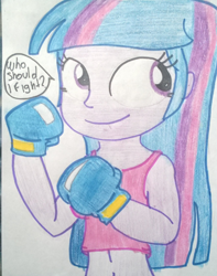 Size: 768x976 | Tagged: safe, artist:toyminator900, derpibooru import, twilight sparkle, equestria girls, boxing gloves, solo, text, traditional art