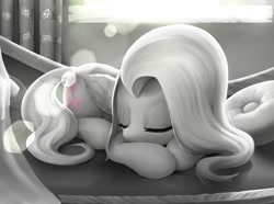 Size: 1374x1020 | Tagged: safe, artist:amarthgul, fluttershy, pegasus, pony, eyes closed, female, folded wings, indoors, lens flare, mare, monochrome, neo noir, partial color, prone, sleeping, sofa, solo