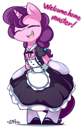Size: 1250x1920 | Tagged: safe, artist:dshou, sugar belle, earth pony, pony, unicorn, bipedal, chest fluff, clothes, curtsey, eyes closed, female, maid, mare, master, open mouth, simple background, socks, solo, speech, white background