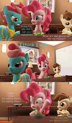 Size: 1920x3240 | Tagged: safe, artist:red4567, cup cake, pinkie pie, pound cake, pony, 3d, comic, eating, food, garfield, herbivore, ponified, salad, source filmmaker, tempting fate, vegetables