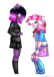 Size: 1024x1461 | Tagged: safe, artist:chloeprice228, pinkie pie, oc, anthro, duo, equestria girls outfit, looking at each other, simple background