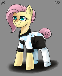 Size: 1535x1890 | Tagged: safe, artist:php97, fluttershy, earth pony, pony, alternate hairstyle, ax400, clothes, cosplay, costume, crossover, detroit: become human, dress, ear fluff, female, gray background, kara, mare, pants, race swap, simple background, solo