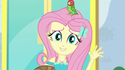 Size: 1280x720 | Tagged: safe, screencap, fluttershy, bird, parrot, better together, equestria girls, outtakes (episode), cute, lovebird, shyabetes, solo, waving