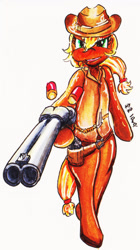 Size: 877x1563 | Tagged: safe, artist:mr.candy_owo, applejack, earth pony, pony, cowboy, cowboy hat, female, gun, hat, mare, shotgun, simple background, solo, traditional art, weapon, white background