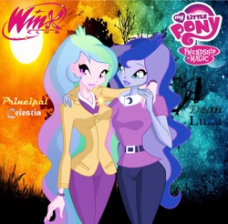 Size: 902x886 | Tagged: safe, artist:redillita, princess celestia, princess luna, principal celestia, vice principal luna, equestria girls, barely eqg related, bracelet, clothes, crossover, female, jewelry, lipstick, my little pony logo, rainbow s.r.l, siblings, sisters, style emulation, winx club, winxified