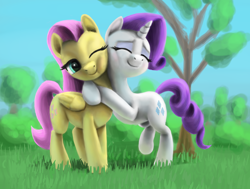 Size: 2710x2051 | Tagged: safe, artist:odooee, fluttershy, rarity, pegasus, pony, unicorn, duo, eyes closed, female, folded wings, grass, hug, mare, one eye closed, outdoors, smiling, tree