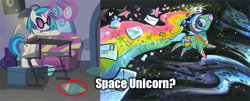 Size: 646x260 | Tagged: safe, screencap, dj pon-3, vinyl scratch, pony, unicorn, slice of life (episode), comparison, cropped, space unicorn, turntable