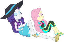 Size: 4141x2741 | Tagged: safe, artist:sketchmcreations, fluttershy, rarity, aww... baby turtles, better together, equestria girls, belly button, bikini, clothes, eyes closed, feet, flip-flops, geode of fauna, geode of shielding, hat, magical geodes, midriff, sandals, sarong, simple background, sun hat, sunbathing, swimsuit, transparent background, vector, wetsuit