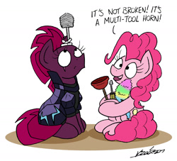 Size: 1726x1566 | Tagged: safe, artist:bobthedalek, pinkie pie, tempest shadow, earth pony, pony, unicorn, my little pony: the movie, armor, dialogue, duo, duster, eye scar, female, mare, plunger, prosthetic horn, prosthetics, scar, screwdriver, simple background, sitting, toilet brush, white background