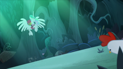 Size: 1920x1080 | Tagged: safe, screencap, princess celestia, alicorn, bird, chicken, pony, between dark and dawn, clothes, coward, ethereal mane, female, forest, hawaiian shirt, mare, ponytail, shirt, spread wings, tree, wings