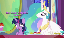 Size: 973x571 | Tagged: safe, edit, edited screencap, screencap, princess celestia, twilight sparkle, twilight sparkle (alicorn), alicorn, pony, no second prances, nervous, text