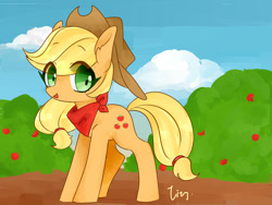 Size: 1600x1200 | Tagged: safe, artist:lity, applejack, earth pony, pony, clothes, cowboy hat, female, hat, looking at you, mare, pixiv, scarf, solo, tree