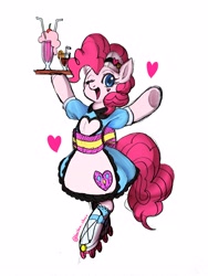 Size: 3024x4032 | Tagged: safe, artist:hosikawa, pinkie pie, earth pony, pony, coinky-dink world, eqg summertime shorts, equestria girls, apron, clothes, cute, diapinkes, equestria girls ponified, female, heart, looking at you, mare, milkshake, one eye closed, ponified, roller skates, server pinkie pie, simple background, tray, white background, wink