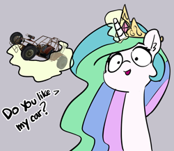 Size: 1189x1037 | Tagged: safe, artist:pabbley, edit, edited edit, princess celestia, alicorn, pony, buggy, car, dialogue, glowing horn, gray background, half-life 2, horn, initial d, levitation, magic, necc, simple background, solo, telekinesis