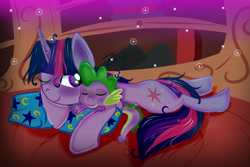 Size: 1024x683 | Tagged: safe, artist:xwhitedreamsx, derpibooru import, spike, twilight sparkle, unicorn twilight, dragon, pony, unicorn, bahy dragon, book, bookshelf, cute, female, golden oaks library, male, mama twilight, mare, one eye closed, sleeping, snuggling, spikabetes, spikelove, stars, twiabetes