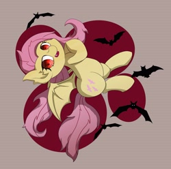 Size: 2559x2542 | Tagged: safe, artist:up_p_ab, fluttershy, bat, bat pony, pony, bat wings, fangs, female, flutterbat, looking at you, mare, race swap, red eyes, solo, spread wings, wings