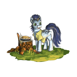 Size: 1000x1000 | Tagged: safe, artist:da-exile, soarin', pegasus, pony, atg 2015, clothes, grass, looking back, male, newbie artist training grounds, open mouth, outdoors, pie, shirt, simple background, solo, stallion, standing, that pony sure does love pies, tree stump, white background