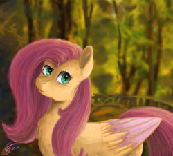 Size: 448x405 | Tagged: safe, artist:ottcat23, fluttershy, pegasus, pony, chest fluff, colored wings, female, forest, mare, smiling, solo