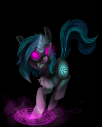 Size: 1200x1500 | Tagged: safe, artist:sonyapie, dj pon-3, vinyl scratch, pony, unicorn, glow, grin, simple background, smiling, solo