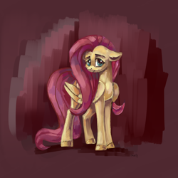 Size: 1500x1500 | Tagged: safe, artist:ottcat23, fluttershy, pegasus, pony, abstract background, female, floppy ears, folded wings, head turn, looking at you, mare, smiling, solo, standing