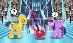 Size: 1024x604 | Tagged: safe, artist:silverbuller, flash sentry, twilight sparkle, twilight sparkle (alicorn), alicorn, bookshelf, christmas, confused, crystal empire, guitar, hearth's warming, holiday, library, music notes, musical instrument, present, question mark