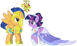 Size: 2091x1273 | Tagged: safe, flash sentry, twilight sparkle, twilight sparkle (alicorn), alicorn, the last problem, armor, christmas, clothes, coronation dress, cute, diasentres, dress, female, flashlight, hearth's warming, heartwarming, holiday, looking at each other, male, mistleholly, mistletoe, royal guard armor, second coronation dress, shipping, shipping fuel, smiling, straight, twiabetes