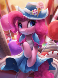 Size: 2250x3000 | Tagged: safe, artist:vanillaghosties, pinkie pie, earth pony, pony, candy, clothes, cute, diapinkes, dress, female, food, hat, mare, smiling, solo