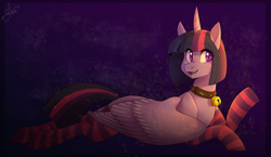 Size: 2980x1724 | Tagged: safe, artist:discosweetruletik, derpibooru import, twilight sparkle, twilight sparkle (alicorn), alicorn, pony, bell, bell collar, clothes, collar, lying, lying down, prone, socks, solo, sploot, striped socks