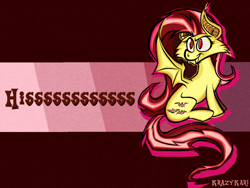 Size: 1280x960 | Tagged: safe, artist:krazykari, fluttershy, bat pony, pony, abstract background, bat wings, fangs, flutterbat, hissing, race swap, red eyes, sitting, smiling, solo