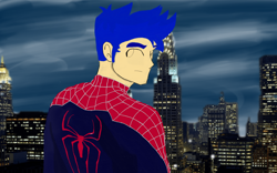 Size: 1280x800 | Tagged: safe, flash sentry, human, equestria girls, humanized, looking back, new york city, night, solo, spider-man