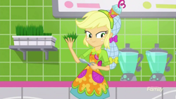 Size: 1280x720 | Tagged: safe, screencap, applejack, eqg summertime shorts, equestria girls, shake things up!, apron, blender (object), clothes, hair net, scissors, wheatgrass