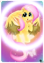 Size: 3508x4961 | Tagged: safe, artist:edonovaillustrator, fluttershy, butterfly, pegasus, pony, bipedal, cute, female, lineless, looking at you, mare, open mouth, shyabetes, smiling, solo, spread wings, wings