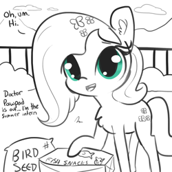 Size: 1280x1280 | Tagged: safe, artist:tjpones, fluttershy, pegasus, pony, 30 minute art challenge, chest fluff, cute, dialogue, ear fluff, female, fence, mare, monochrome, neo noir, offscreen character, partial color, shyabetes, simple background, solo, weapons-grade cute, white background, wingless